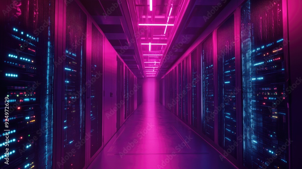 Fototapeta premium A futuristic server room with rows of servers and blinking lights, symbolizing communication networks.