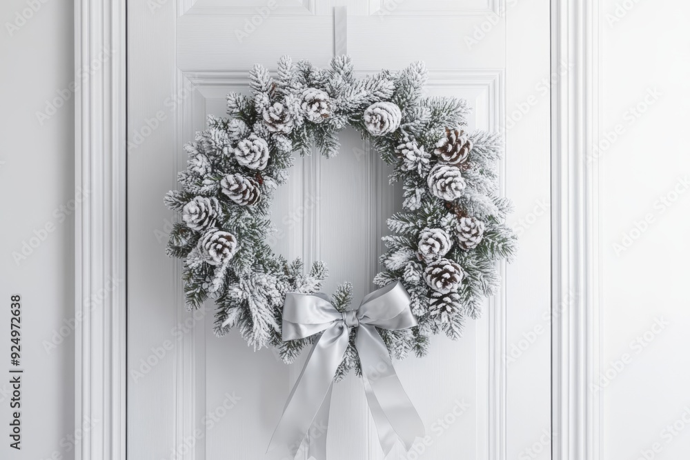 A beautiful and delicate Christmas wreath made of frosted pinecones and silver ribbons, perfectly placed on a white door. The illustration is a great addition to any holiday decor. A beautiful and delicate Christmas wreath made of frosted pinecones and silver ribbons, perfectly placed on a white door. The illustration is a great addition to any holiday decor.