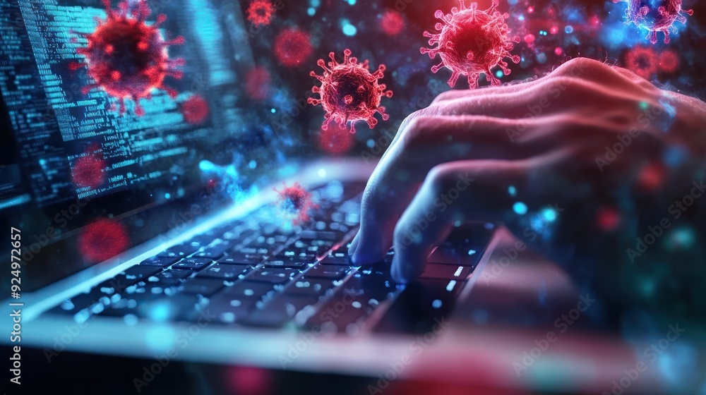 Cybersecurity Threat: A Hand Typing on a Laptop with Coronavirus Particles in the Air, Representing the Potential for Digital Threats and Malware to Spread Rapidly. Cybersecurity Threat: A Hand Typing on a Laptop with Coronavirus Particles in the Air, Representing the Potential for Digital Threats and Malware to Spread Rapidly.