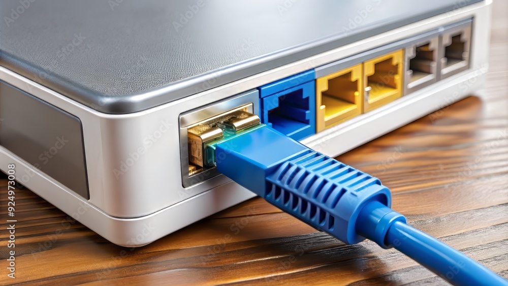 RJ-45 connector plugged into a wireless router, established internet connection, high-speed data transfer, reliable network access, and wireless connectivity for devices and gadgets. RJ-45 connector plugged into a wireless router, established internet connection, high-speed data transfer, reliable network access, and wireless connectivity for devices and gadgets.