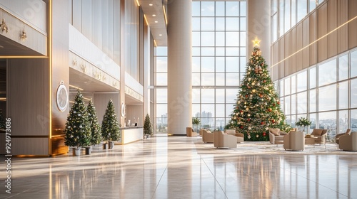 Modern Lobby Decorated with Christmas Trees