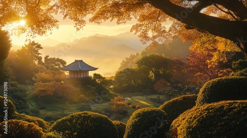 Autumn Splendor: Early morning in Atami Plum Garden, Shizuoka Prefecture. The autumn leaves are bathed in soft, golden light, creating a tranquil scene.