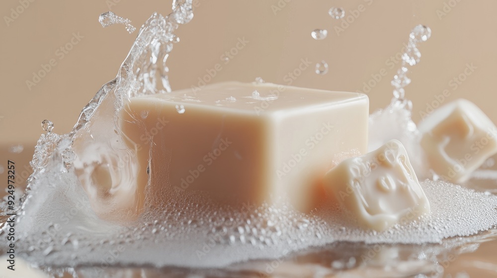 A bar of soap sits in a pool of water, surrounded by suds and splashes. The soap is clean and fresh, suggesting a sense of cleanliness and purity. A bar of soap sits in a pool of water, surrounded by suds and splashes. The soap is clean and fresh, suggesting a sense of cleanliness and purity.