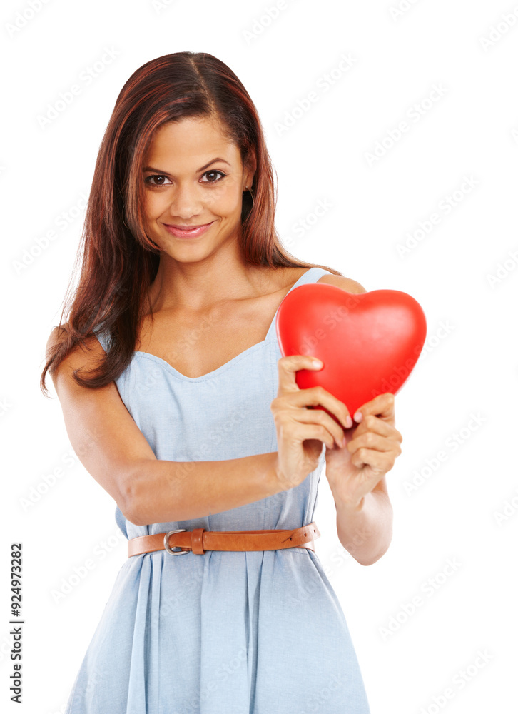 Happy woman, portrait and love with heart or sign for support or care on a white studio background. Young female person or model with smile, emoji or symbol for romance, embrace or valentines day Happy woman, portrait and love with heart or sign for support or care on a white studio background. Young female person or model with smile, emoji or symbol for romance, embrace or valentines day