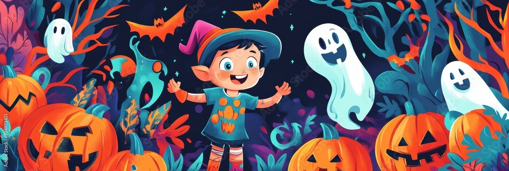 Happy Halloween in the Enchanted Forest - A cheerful child dressed as a wizard, surrounded by pumpkins, ghosts, and bats, enjoying a magical Halloween night in an enchanted forest. Happy Halloween in the Enchanted Forest - A cheerful child dressed as a wizard, surrounded by pumpkins, ghosts, and bats, enjoying a magical Halloween night in an enchanted forest.