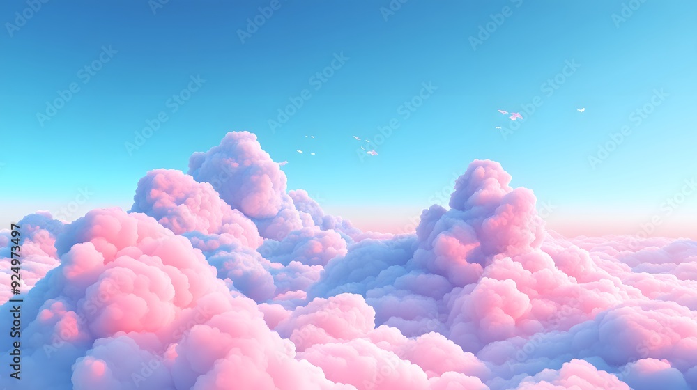 A serene sky with fluffy pink clouds, creating an ethereal and dreamy atmosphere A serene sky with fluffy pink clouds, creating an ethereal and dreamy atmosphere