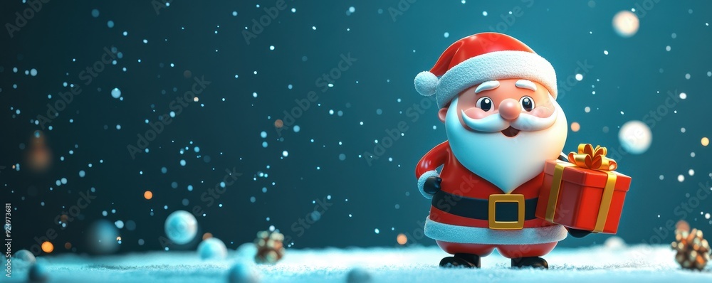 A cartoonish Santa Claus figure smiling while holding a wrapped Christmas gift in a snowy, festive setting, evoking holiday cheer. A cartoonish Santa Claus figure smiling while holding a wrapped Christmas gift in a snowy, festive setting, evoking holiday cheer.