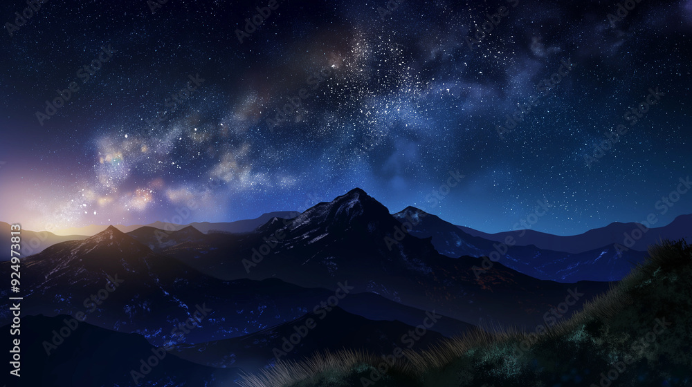 A beautiful night sky with a mountain range in the background A beautiful night sky with a mountain range in the background