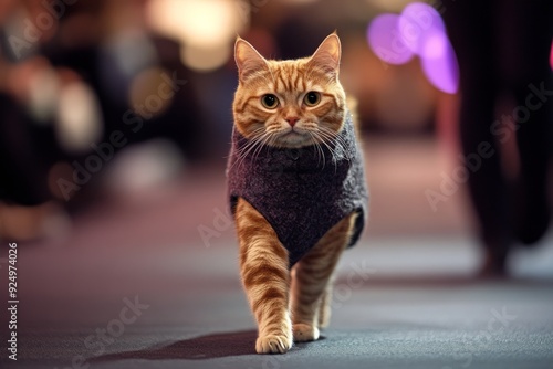 A sleek cat walks confidently down a brightly lit runway, showcasing the latest feline fashion trends. Its whiskers twitch with sass as it works the camera. photo