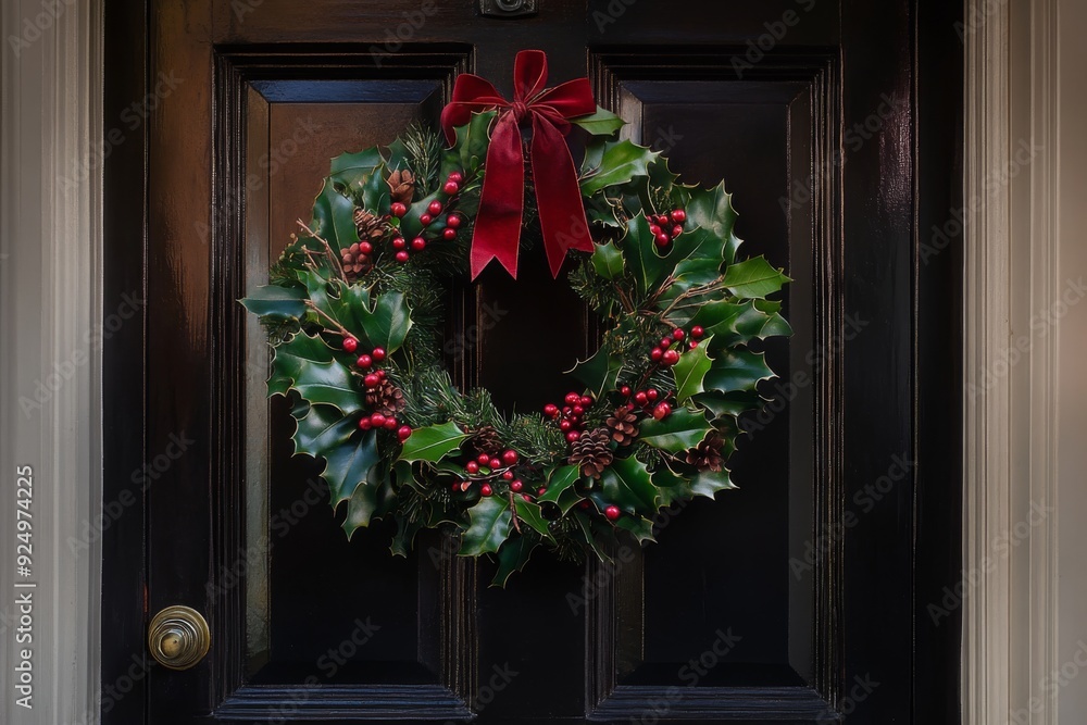 A vibrant and festive wreath adorns the front door, made from lush evergreen branches and holly, welcoming the new year with style. The perfect decoration for the holiday season. A vibrant and festive wreath adorns the front door, made from lush evergreen branches and holly, welcoming the new year with style. The perfect decoration for the holiday season.