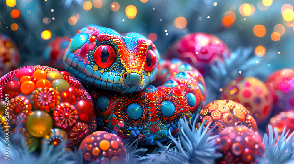 The symbol of the Chinese New Year 2025. An amazing unique multicolored snake curled up on a pile of Christmas balls and fir branches. A New Year's card with a copy space The symbol of the Chinese New Year 2025. An amazing unique multicolored snake curled up on a pile of Christmas balls and fir branches. A New Year's card with a copy space