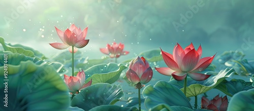 Fototapeta Naklejka Na Ścianę i Meble -  Red lotus flowers shine brightly in summer against the green lotus leaves in the background creating a vivid copy space image