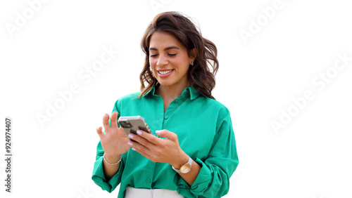 Young woman taking a city break to look at her smartphone photo