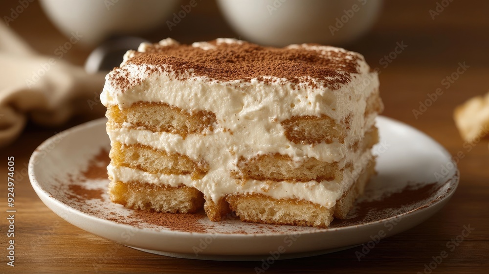 A serving of classic Italian tiramisu, with layers of coffee-soaked ladyfingers and mascarpone cream. A serving of classic Italian tiramisu, with layers of coffee-soaked ladyfingers and mascarpone cream.