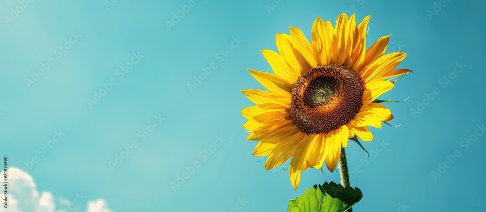 A vivid sunflower set against a bright blue sky is shown in the copy space image A vivid sunflower set against a bright blue sky is shown in the copy space image