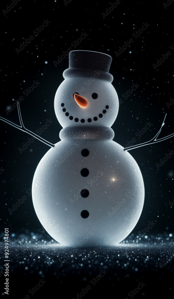 A colorful holographic snowman on a black background with bokeh sparkles. A colorful holographic snowman on a black background with bokeh sparkles.
