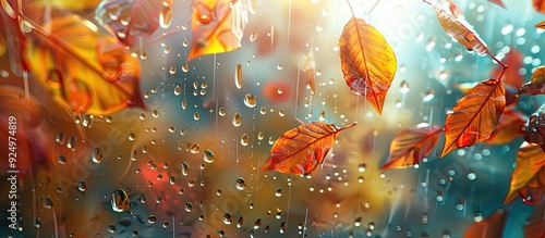 Raindrops trickling down a window pane covered in vibrant autumn leaves creating a picturesque scene with ample copy space image