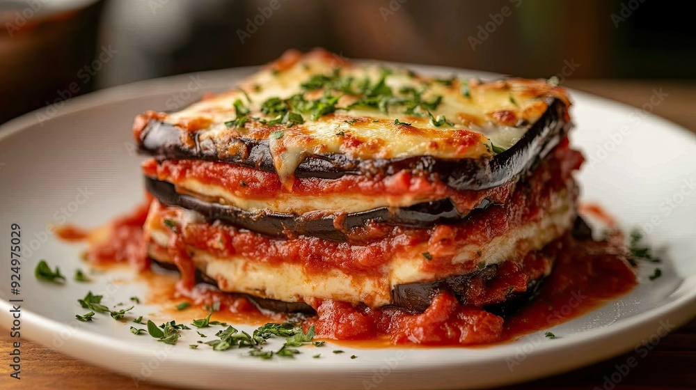 A serving of Italian eggplant Parmesan, with layers of eggplant, tomato sauce, and cheese. A serving of Italian eggplant Parmesan, with layers of eggplant, tomato sauce, and cheese.