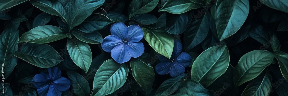 Lush Green Foliage with Delicate Blue Flowers - A vibrant display of deep green leaves with a touch of blue flowers, symbolizing nature's beauty, tranquility, growth, vibrancy, and serenity. Lush Green Foliage with Delicate Blue Flowers - A vibrant display of deep green leaves with a touch of blue flowers, symbolizing nature's beauty, tranquility, growth, vibrancy, and serenity.