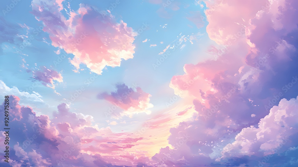 A serene sky with fluffy pink clouds, creating an ethereal and dreamy atmosphere A serene sky with fluffy pink clouds, creating an ethereal and dreamy atmosphere