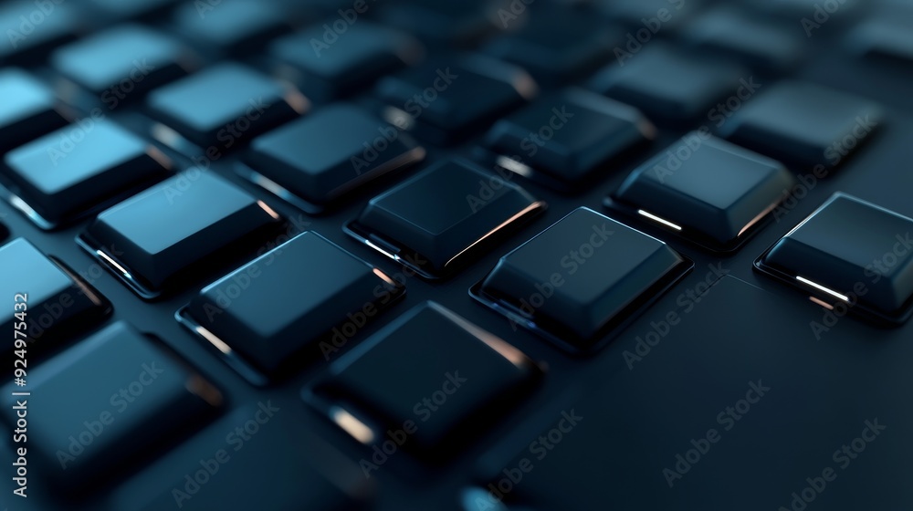 Close-up of a dark blue keyboard with a shallow depth of field. The keys are square and have a glossy finish. Close-up of a dark blue keyboard with a shallow depth of field. The keys are square and have a glossy finish.