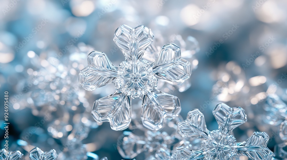 Close-up of a delicate snowflake with intricate details against a blurred blue background. Close-up of a delicate snowflake with intricate details against a blurred blue background.