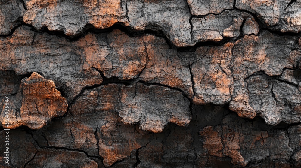 Close-up texture of rough, cracked tree bark in shades of brown, grey, and black. Close-up texture of rough, cracked tree bark in shades of brown, grey, and black.
