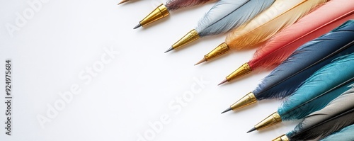 Colorful feather pens arranged on white background.