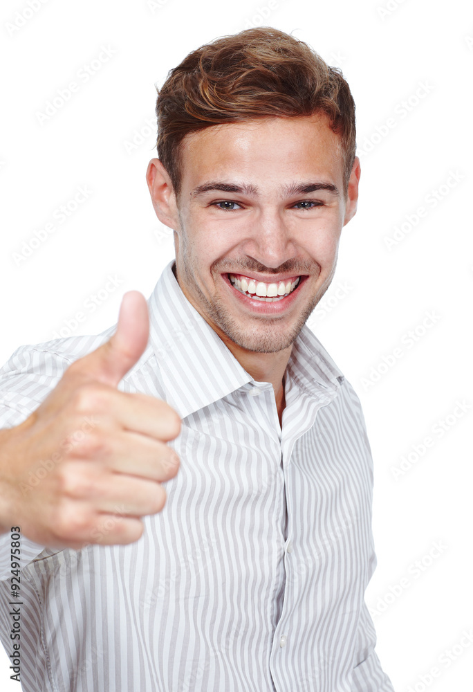 Happy man, thumbs up and studio portrait for win, agreement and yes emoji on white background. Male person, promotion and thank you symbol for motivation, success and like icon or approval feedback Happy man, thumbs up and studio portrait for win, agreement and yes emoji on white background. Male person, promotion and thank you symbol for motivation, success and like icon or approval feedback