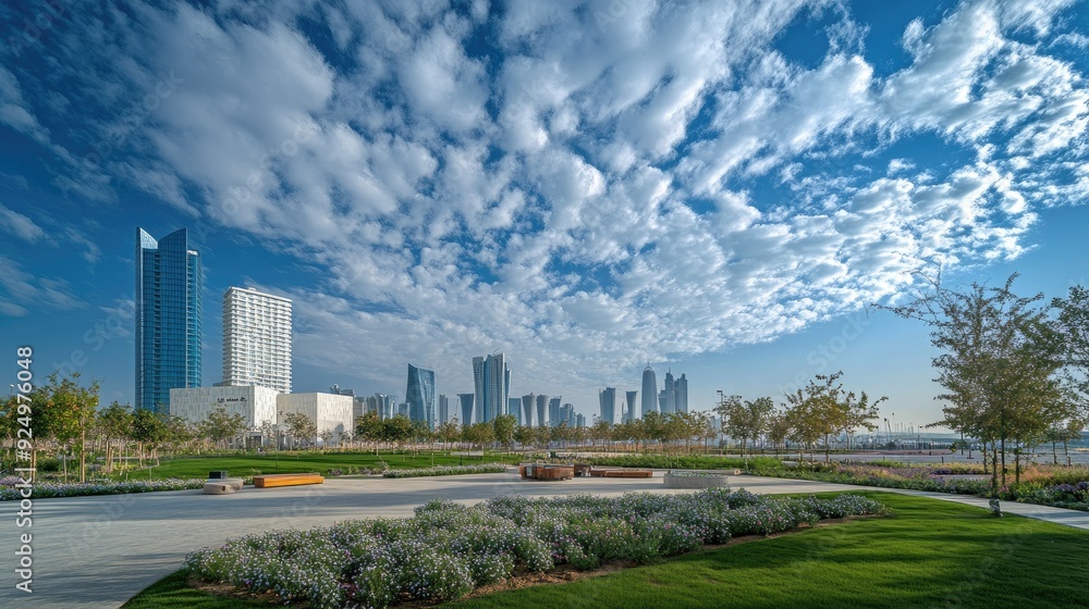 City and Clouds: The modern skyline of Doha, Qatar, viewed from Sheraton Park on January 14, 2022, under a partly cloudy sky. Urban landscape in daylight. City and Clouds: The modern skyline of Doha, Qatar, viewed from Sheraton Park on January 14, 2022, under a partly cloudy sky. Urban landscape in daylight.
