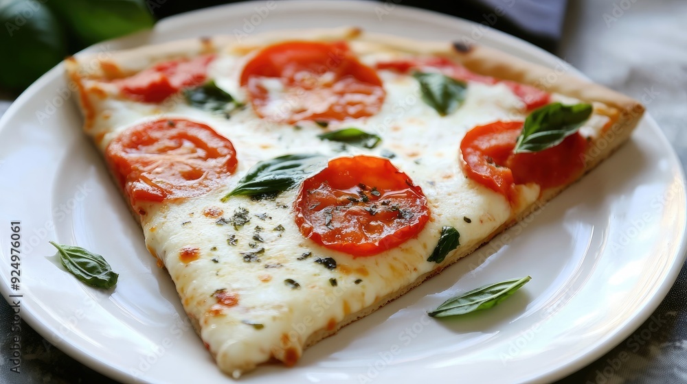 A slice of Margherita pizza, with melted mozzarella, tomatoes, and fresh basil. A slice of Margherita pizza, with melted mozzarella, tomatoes, and fresh basil.