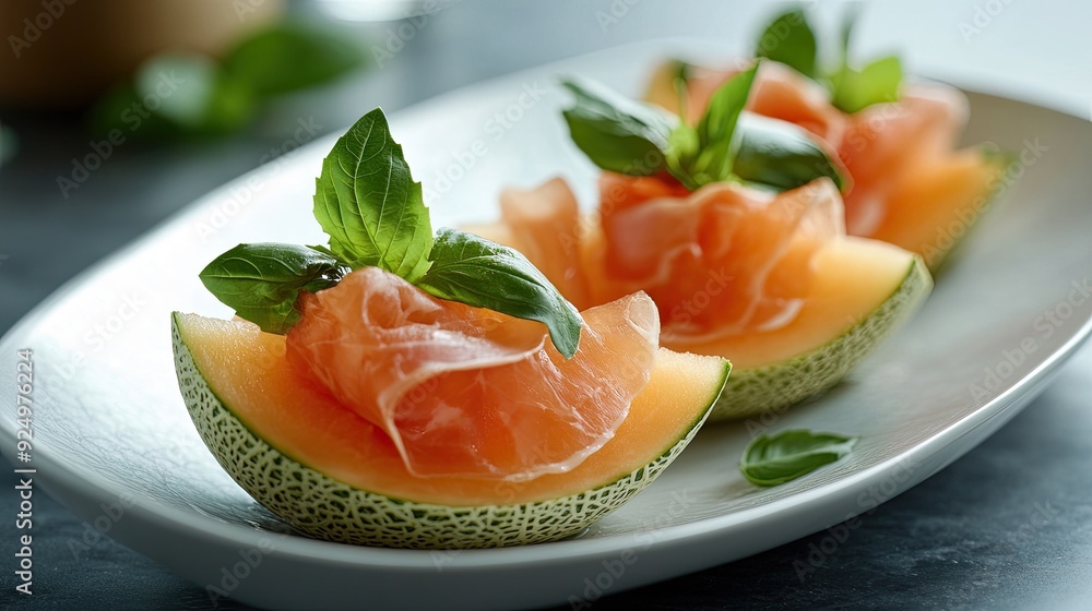 A slice of prosciutto-wrapped melon, served as a refreshing Italian appetizer. A slice of prosciutto-wrapped melon, served as a refreshing Italian appetizer.