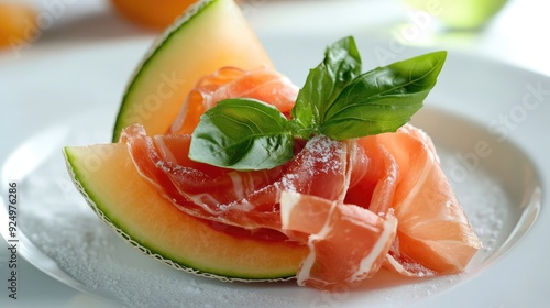 A slice of prosciutto-wrapped melon, served as a refreshing Italian appetizer.