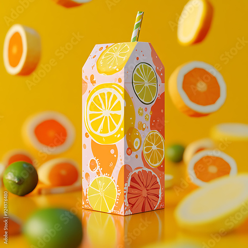 A playful juice box with citrusy aesthetics, surrounded by swirling slices of lemon, lime, and orange, with a refreshing and zesty color palette.