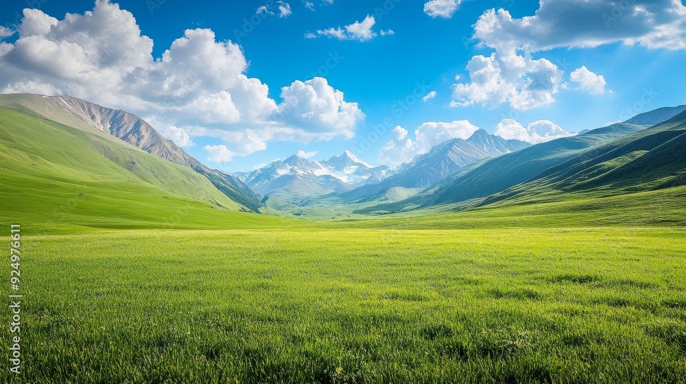 Majestic Mountain Meadow with Lush Green Grass and Blue Sky - A stunning view of a vast meadow with lush green grass, surrounded by snow-capped mountains under a bright blue sky with white clouds, sym Majestic Mountain Meadow with Lush Green Grass and Blue Sky - A stunning view of a vast meadow with lush green grass, surrounded by snow-capped mountains under a bright blue sky with white clouds, sym