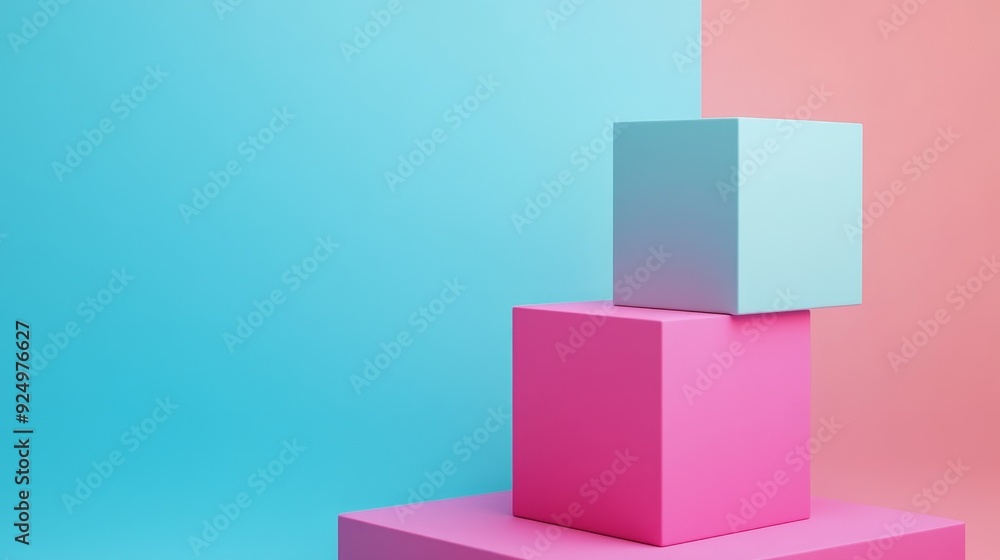 Stacked colorful cubes against a blue and pink background. Minimalist product display mockup. Stacked colorful cubes against a blue and pink background. Minimalist product display mockup.
