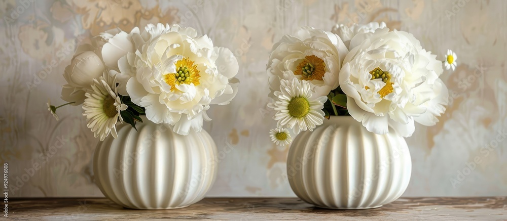 Two elegant ceramic vases holding white peonies and daisies add a touch of summer to this floral display perfect for a greeting card with copy space image Two elegant ceramic vases holding white peonies and daisies add a touch of summer to this floral display perfect for a greeting card with copy space image
