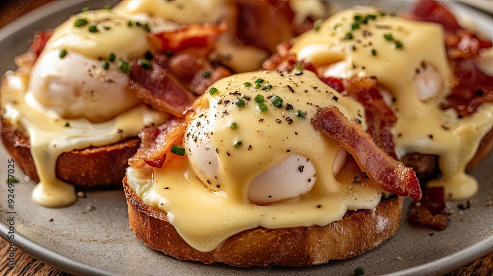 Close-up shot of eggs benedict with bacon and sourdough bread, topped with hollandaise sauce, ready to be savored as a delicious and hearty breakfast Close-up shot of eggs benedict with bacon and sourdough bread, topped with hollandaise sauce, ready to be savored as a delicious and hearty breakfast