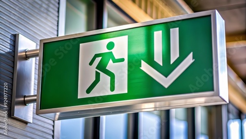 A sleek metal sign with a downward arrow symbol, typically found in office buildings, shopping centers, or hotels, indicating a route for emergency descent. photo