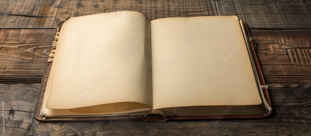 Fototapeta premium Word written in a blank notebook on a desk with available copy space image