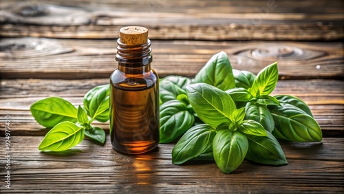 Fresh basil leaves and a vial of essential oil rest on a rustic wooden background, evoking aromatherapy and natural wellness, with ample space for text.