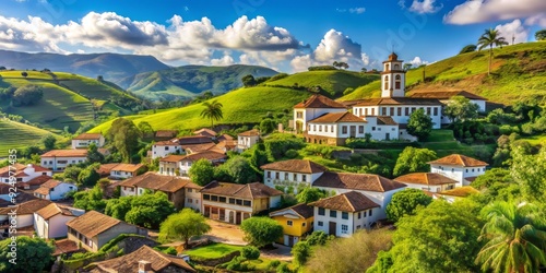 Serenely picturesque Biribiri village in Diamantina, Minas Gerais, Brazil, showcases rustic architecture, lush green hills, and a tranquil atmosphere on a sunny day. photo