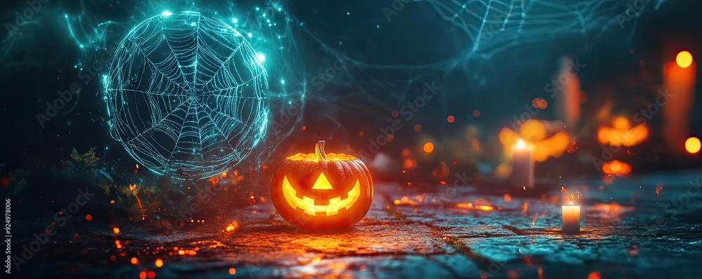 Obraz premium A glowing Halloween pumpkin with a spooky expression, surrounded by candles and mystical decorations, creating a festive atmosphere.
