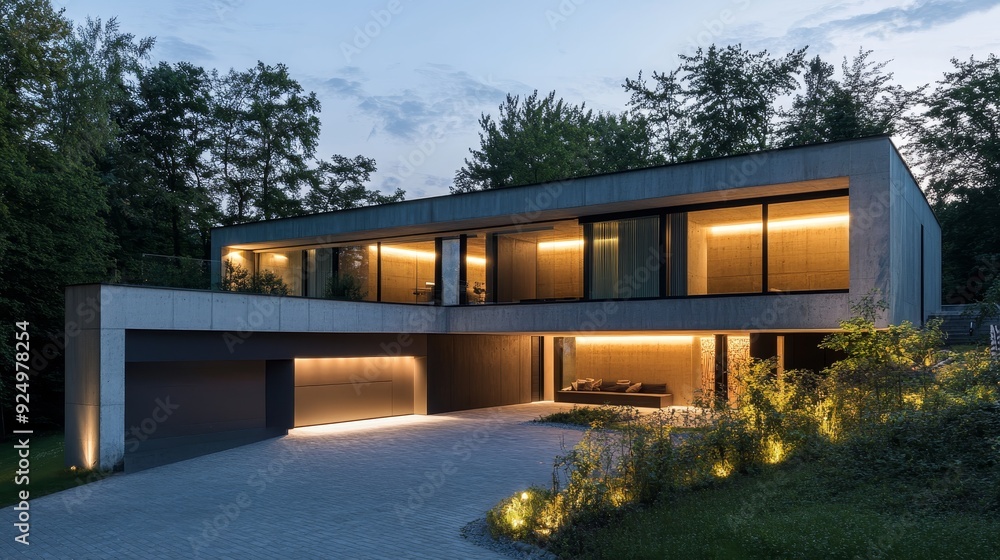 Modern Concrete House with Warm Lighting and Lush Greenery - A modern concrete house with a sleek design and warm lighting, showcasing a minimalist aesthetic. The lush greenery adds a touch of nature Modern Concrete House with Warm Lighting and Lush Greenery - A modern concrete house with a sleek design and warm lighting, showcasing a minimalist aesthetic. The lush greenery adds a touch of nature