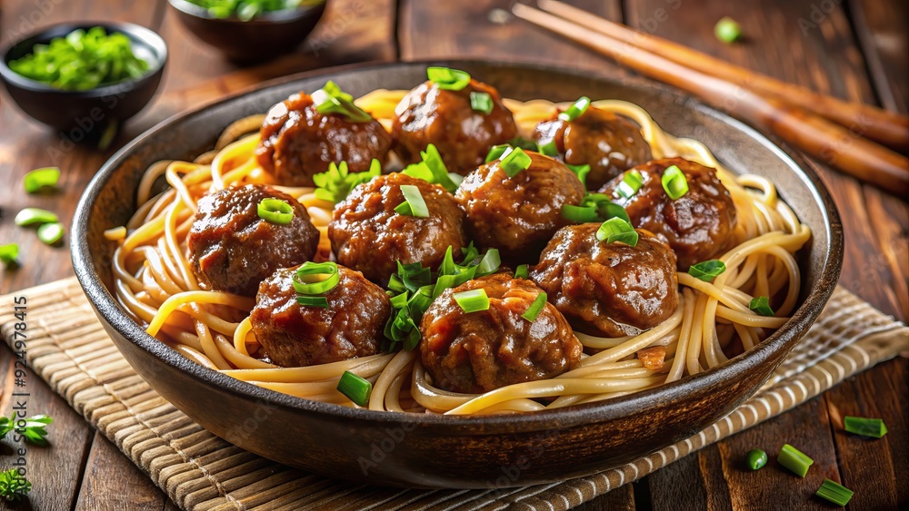 Juicy beef meatball sits atop a bed of steaming hot lo mein noodles, surrounded by savory soy sauce and sprinkled with green onions. Juicy beef meatball sits atop a bed of steaming hot lo mein noodles, surrounded by savory soy sauce and sprinkled with green onions.