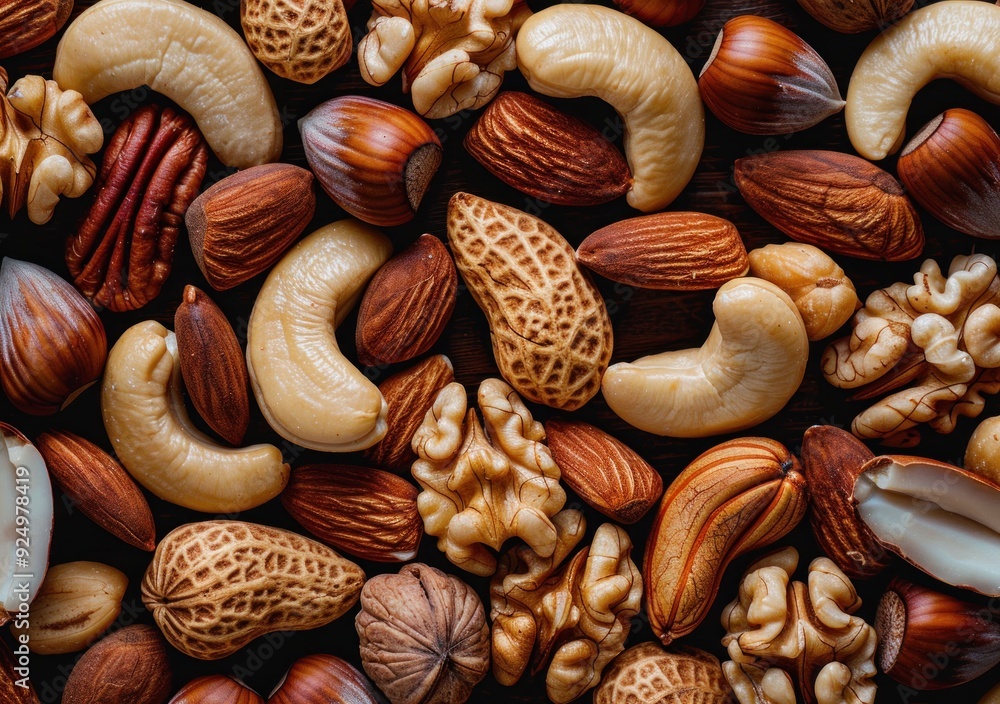 A variety of mixed nuts including almonds, cashews, walnuts, and hazelnuts arranged on a dark wooden background A variety of mixed nuts including almonds, cashews, walnuts, and hazelnuts arranged on a dark wooden background