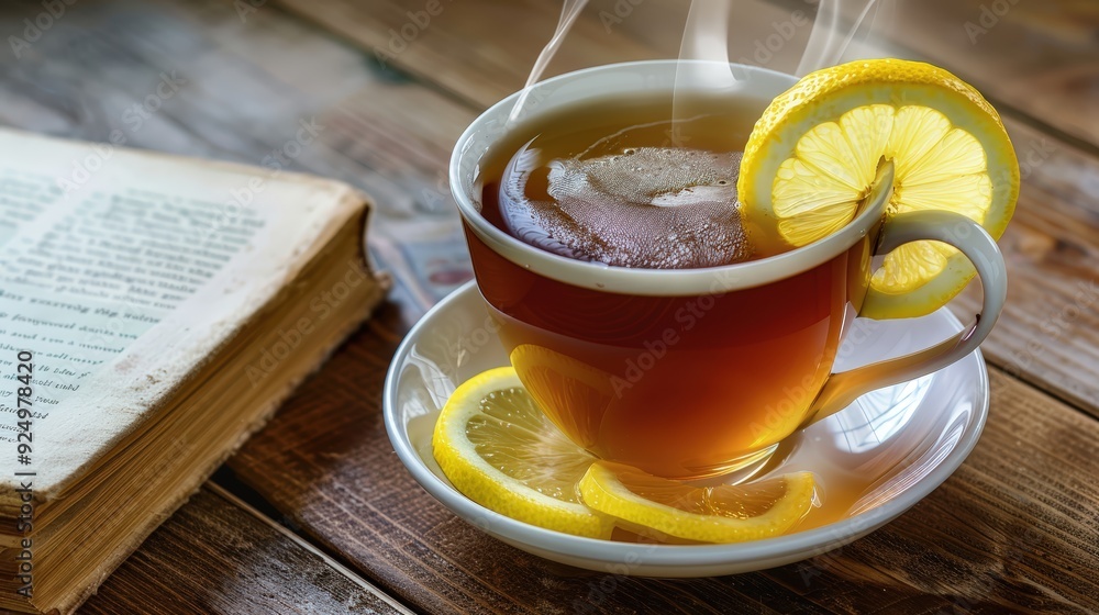 Hot Tea with Lemon and Book on Wooden Table Hot Tea with Lemon and Book on Wooden Table