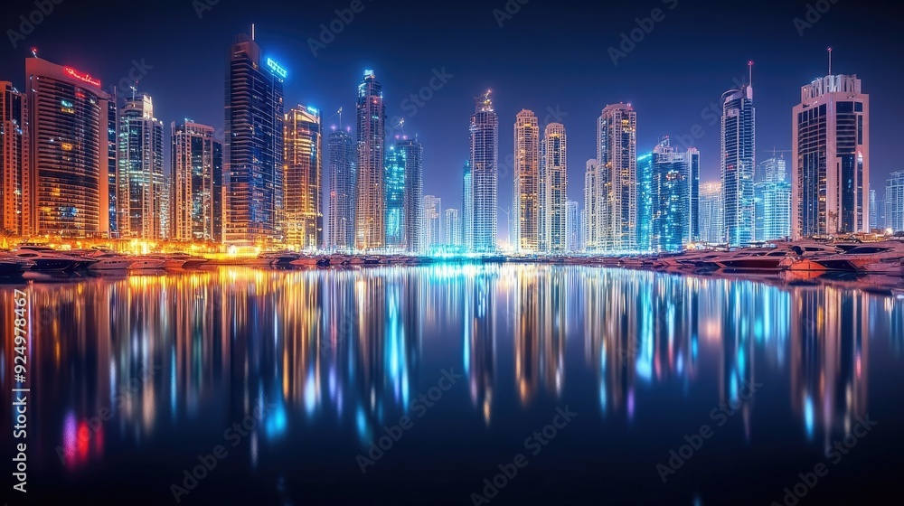 Fototapeta premium Dubai Marina by Night: A beautiful long exposure view of Dubai Marina at night, capturing the reflections of the illuminated skyline on the water.