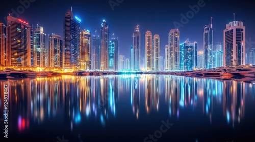 Wallpaper Mural Dubai Marina by Night: A beautiful long exposure view of Dubai Marina at night, capturing the reflections of the illuminated skyline on the water. Torontodigital.ca