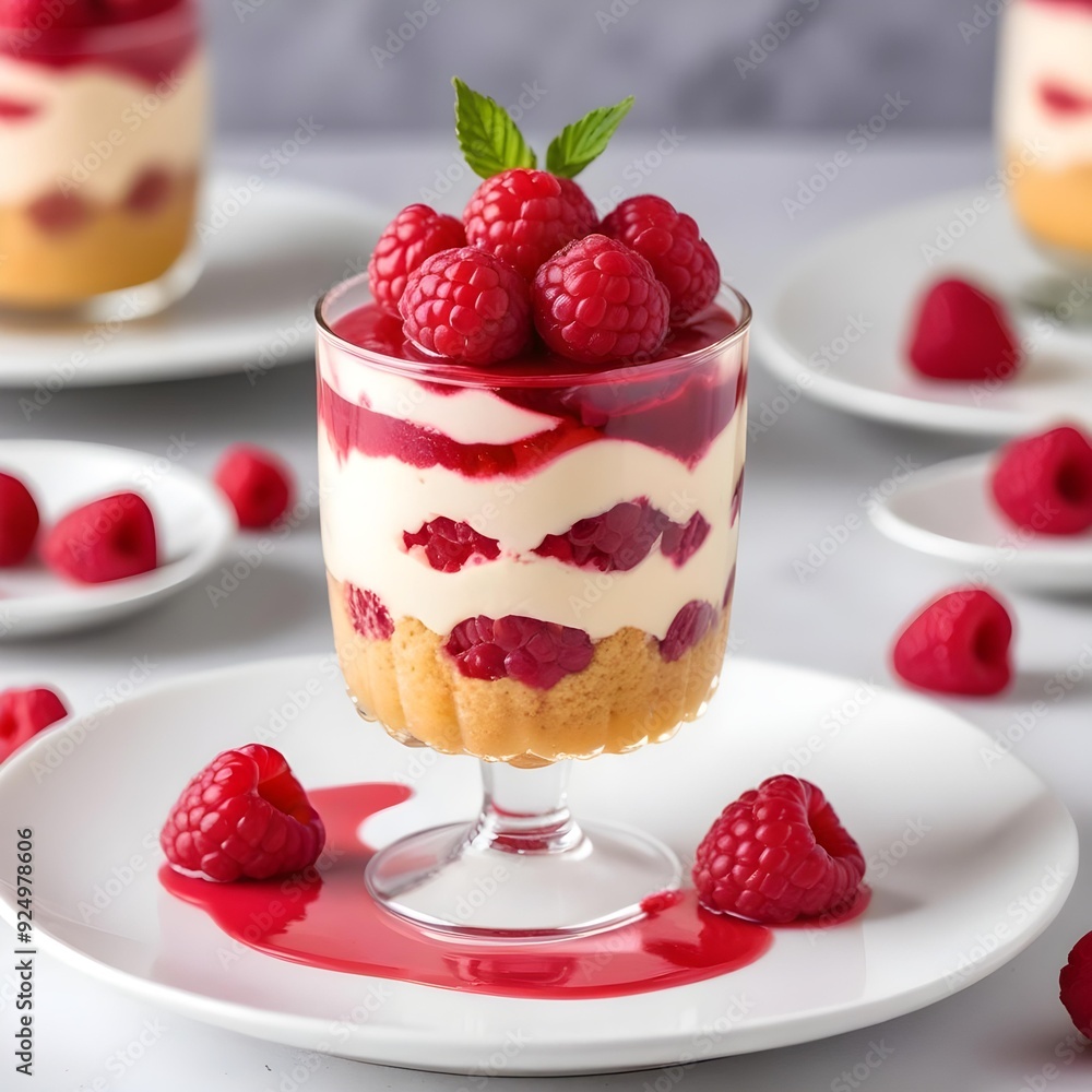 A vanilla dessert with a raspberry topping sits in a glass on a white plate A vanilla dessert with a raspberry topping sits in a glass on a white plate
